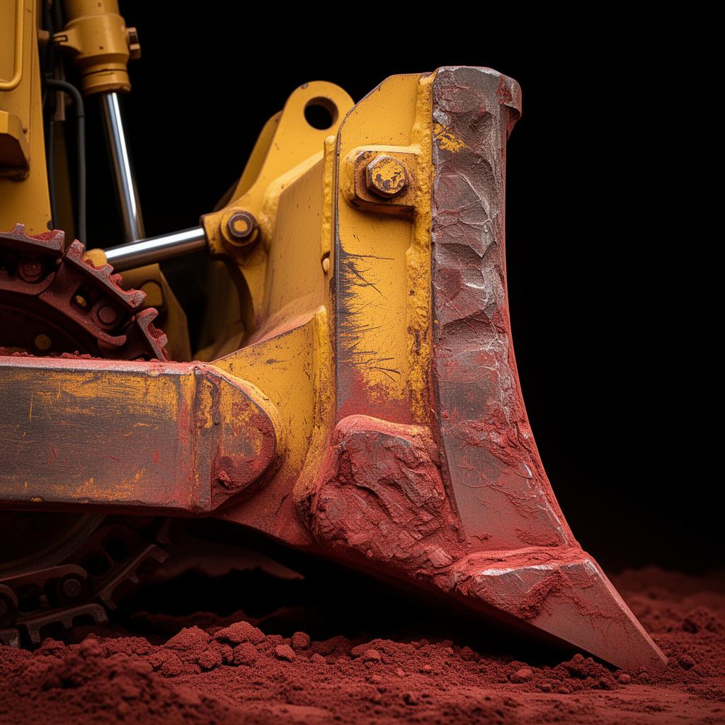 Severely worn bulldozer ripper shank caked in red mining dust